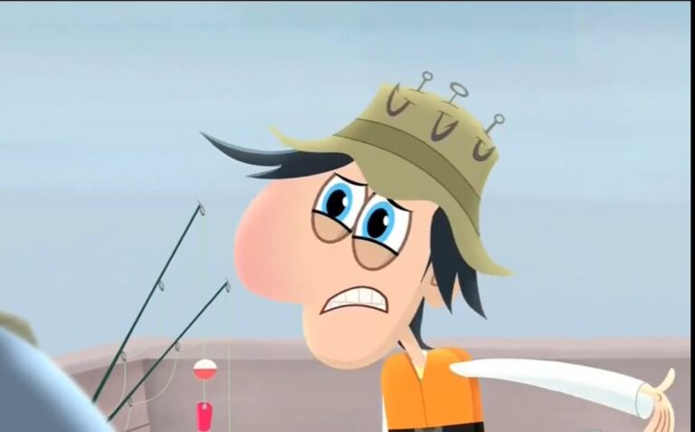 A cartoon character with a large pink cheek and wide eyes wears a green fishing hat with hooks and an orange vest. They appear to be upset, gesturing with one hand. Fishing rods and a bobber are visible in the background.