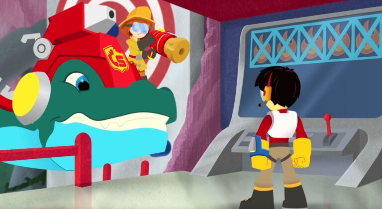 A cartoon firefighter in yellow gear rides a large red dinosaur-shaped vehicle, holding a fire hose. Another person in a red and white outfit stands facing a control panel. The scene appears to be inside a building.
