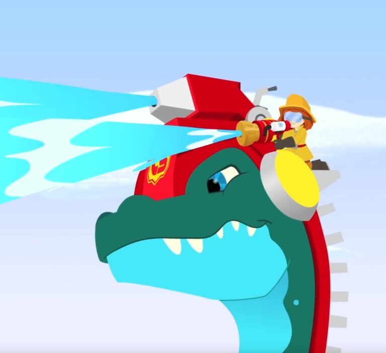 A cartoon firefighter rides a large dinosaur, using a hose to spray water. The dinosaur is wearing a red and white helmet. The sky is clear and blue in the background.
