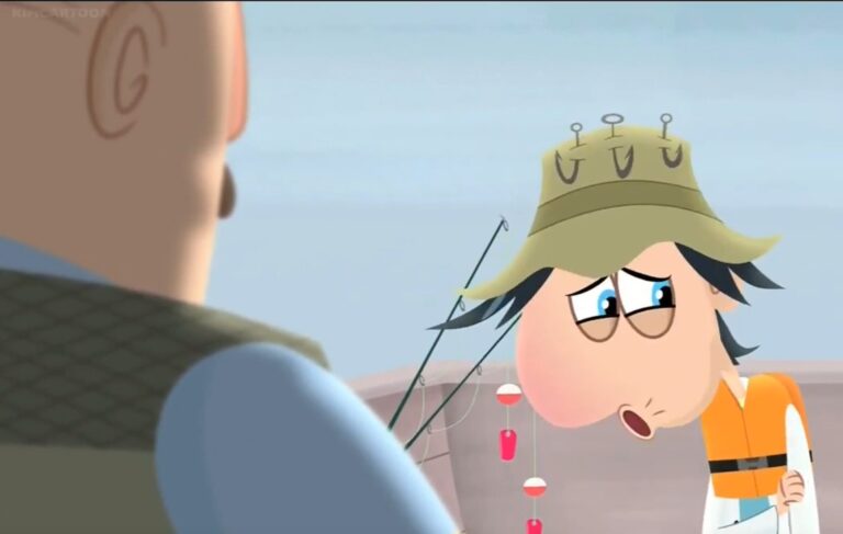 A cartoon fisherman with a droopy expression and fishing hat stands near fishing rods. Another person is partially visible on the left, looking towards the fisherman. The background features a calm, gray sky.