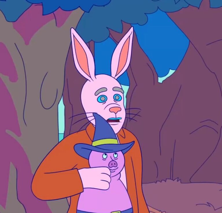 A cartoon pink rabbit wearing an orange jacket holds a small pig in a witch hat. They stand in a colorful forest setting with stylized trees and a blue sky in the background.