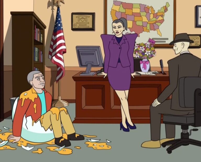 A cartoon scene in an office featuring a person sitting on the floor covered in food mess, a standing woman in a purple suit, and a man in a suit and hat sitting at a desk. An American flag and a U.S. map are displayed in the background.