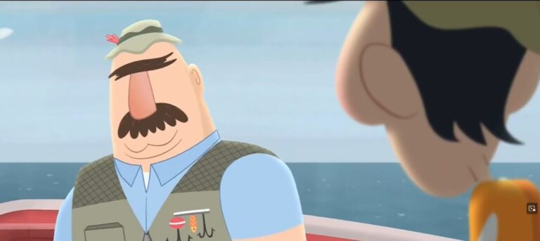A cartoon scene shows two characters on a boat. The left character has a mustache, wearing a fishing vest and a hat with a feather. The other character, only partially visible, seems to be talking to him. The ocean is in the background.
