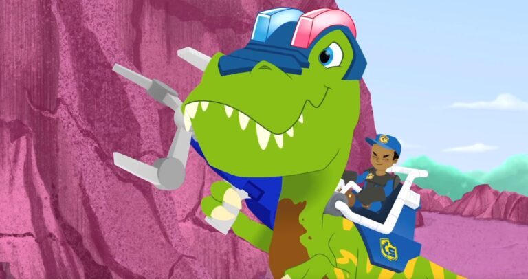 A cartoon scene with a green dinosaur wearing a mechanical helmet, equipped with robotic arms. A young character in a blue uniform rides on its back, holding the controls, against a backdrop of rocky terrain and blue sky.