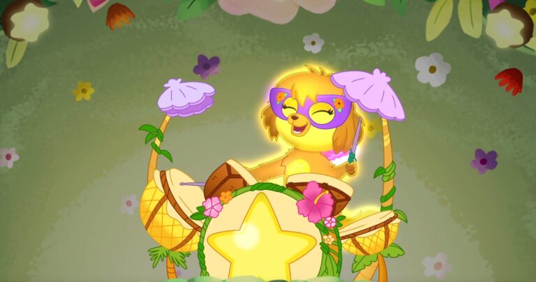 A cheerful, cartoon-style yellow bird wearing purple glasses sings exuberantly. The bird is perched on a star-shaped pedestal adorned with flowers and decorated with pink tassels, set against a background of floating flowers and greenery.