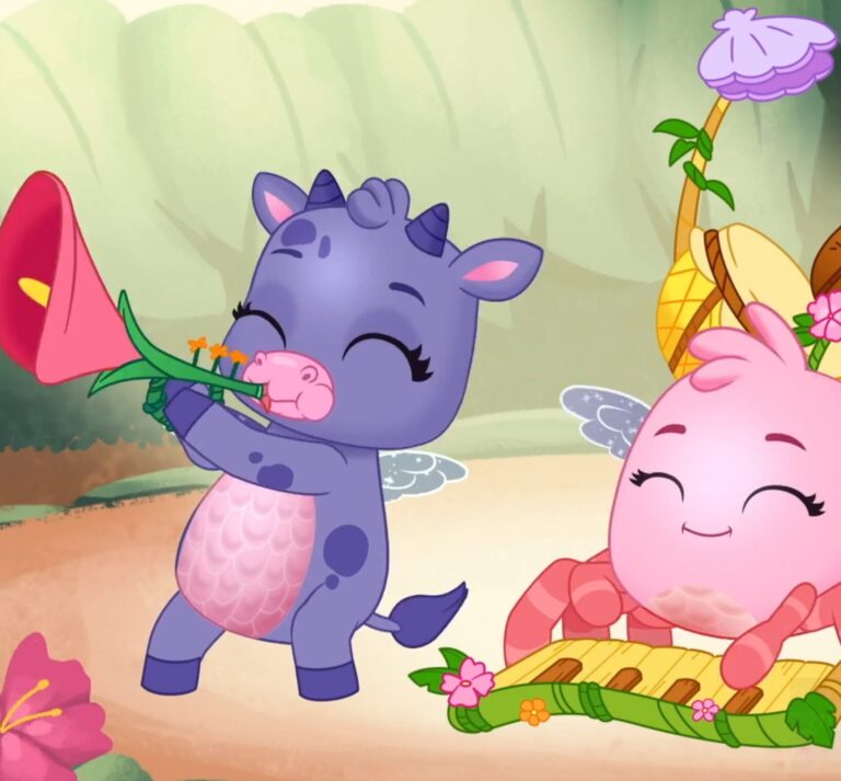 A cute animated scene featuring a purple cow-like creature playing a flower trumpet and a pink creature playing a xylophone made of leaves and flowers. Both have wings and appear joyful in a whimsical forest setting.