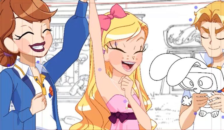 A joyful animated scene shows a girl in a pink dress with a pink bow in her hair, smiling and raising her arm enthusiastically. She is surrounded by friends, one of whom holds a white stuffed rabbit. The background is partially sketched.