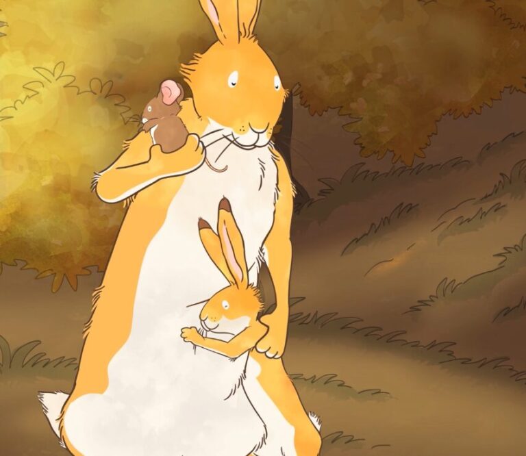 A large rabbit holds a small mouse on its shoulder while a smaller rabbit hugs its leg. They stand in a sunlit forest with golden-brown leaves, creating a warm, comforting atmosphere.