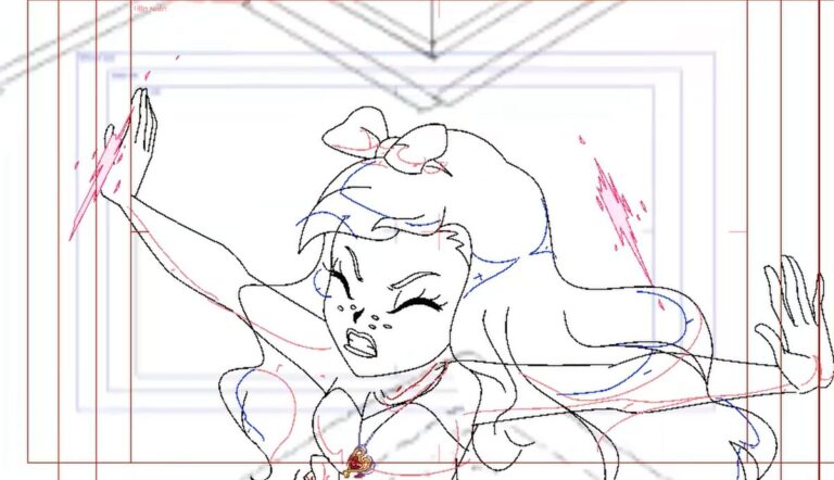 A line drawing of an animated character with flowing hair, wearing a bow. The character looks determined and is reaching upwards with one hand, with dynamic lines suggesting movement.