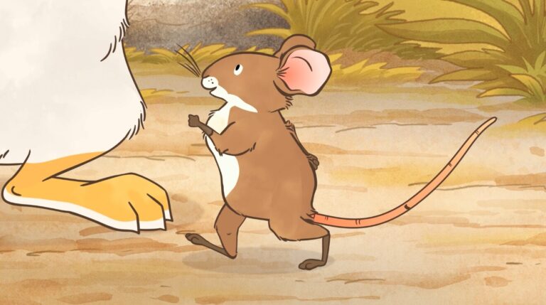 A small brown mouse with a long tail stands upright on a sandy path beside a large animals foot. The background features green foliage. The illustration has a warm, friendly style.