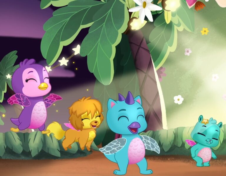 A whimsical scene with colorful cartoon creatures: A cheerful blue creature with wings, a yellow creature laughing, a purple bird with sparkling wings, and a small teal creature, all under a large leafy plant with flowers.