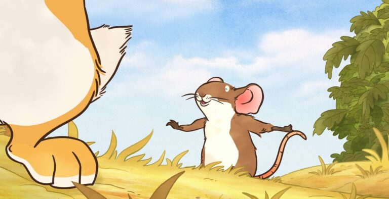An animated scene with a small brown mouse with pink ears standing on its hind legs, looking up and smiling. In the foreground, a large, partially visible cat appears to be stepping forward. The background features blue skies and green foliage.