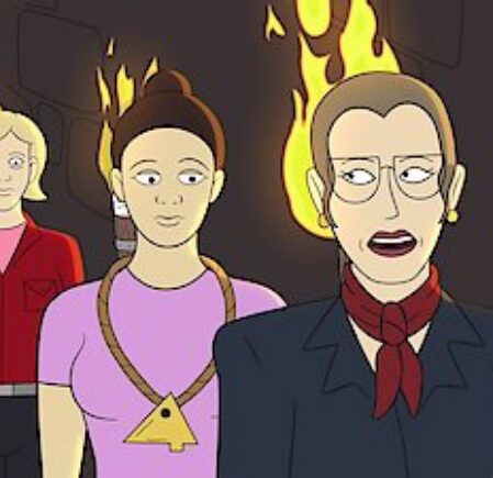 An animated scene with three people. The person in the foreground wears glasses, a scarf, and a dark outfit. The person behind them wears a pink shirt and an eye-shaped necklace. Flames are visible in the background.
