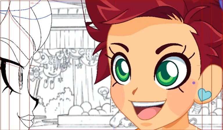 Anime-style character with red hair and green eyes, wearing a heart earring, smiles broadly at another character in a sketchy marketplace setting. Various fruits and market stalls are in the background.