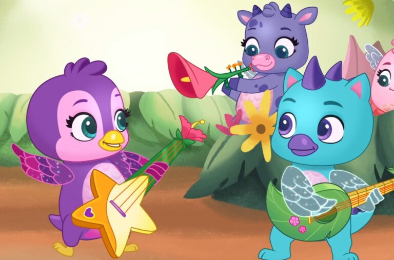 Colorful, animated animals play musical instruments in a whimsical setting. A purple bird with a star-shaped guitar, a purple cow with a trumpet, and a teal creature with a round guitar are surrounded by greenery.