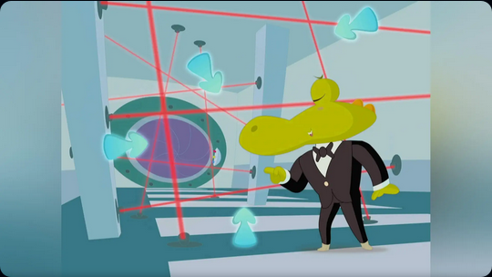 A cartoon alligator in a black tuxedo navigates a security system with red laser beams inside a modern vault. Blue arrows hint at the laser path through a high-tech room.