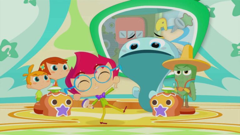 Colorful cartoon with a dancing red-haired character wearing glasses and a green suit, next to a large blue creature. Two smaller characters and a grumpy cactus in a sombrero stand nearby, surrounded by whimsical décor and food items.