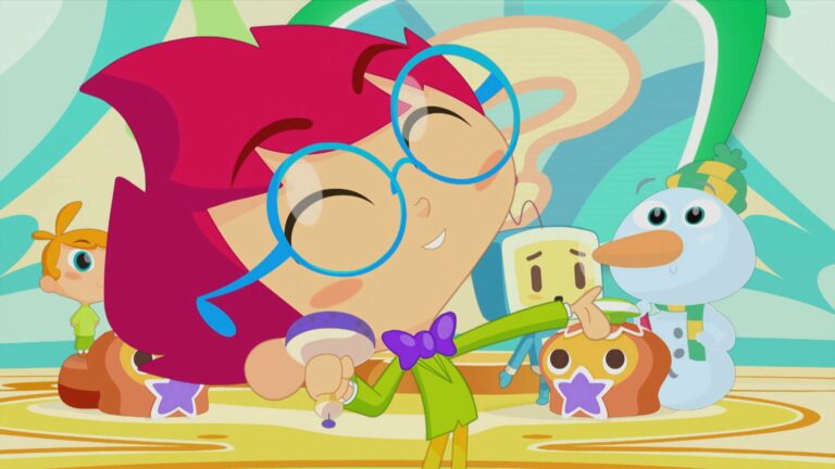 A cheerful animated character with pink hair and blue glasses holds a microphone, singing joyfully. They wear a green outfit with a purple bow tie. In the colorful background, a snowman, a star-shaped character, and other whimsical figures are visible.
