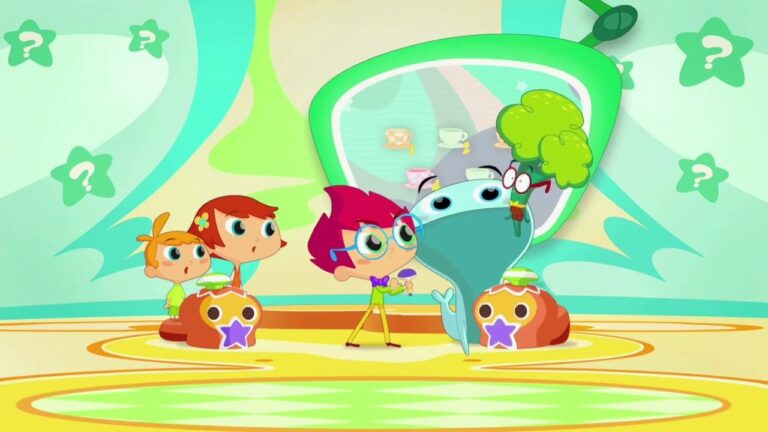 A group of animated characters stands in a colorful room with a large screen behind them. One character, holding a green broccoli-like object, appears to be a creature with glasses. The other characters are watching attentively.