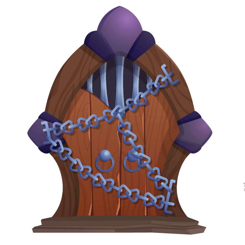 A cartoon-style, rounded wooden door with metal bars at the top and two metal knockers. The door is secured with cross-chains and locks. Purple accents adorn the doors edges.